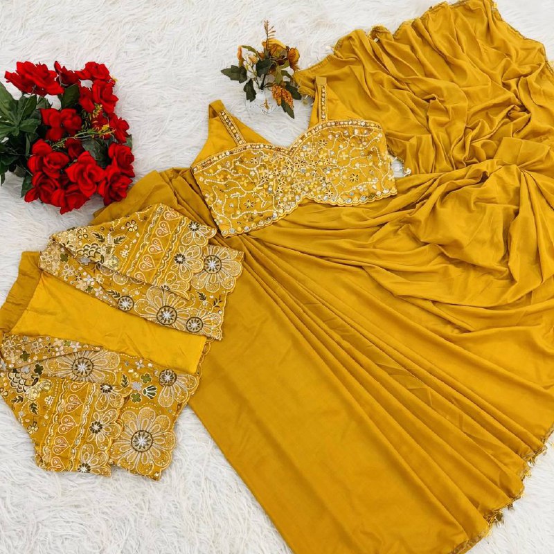 Mustard Crepe Saree with Short Jacket, view 6