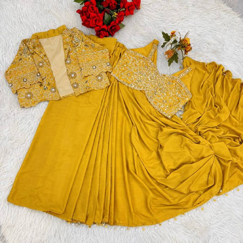 Mustard Crepe Saree with Short Jacket, view 7