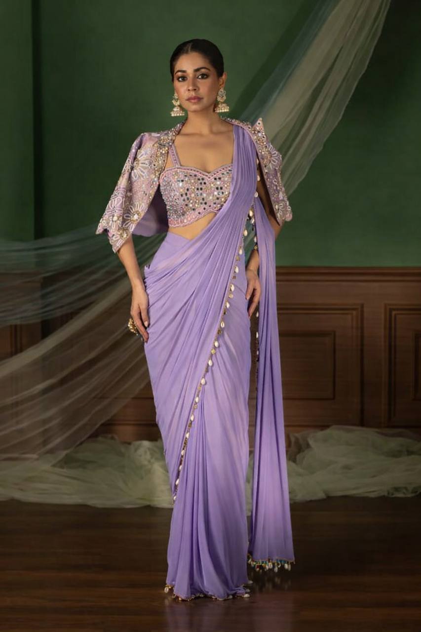 Lavender Crepe Saree with Short Jacket