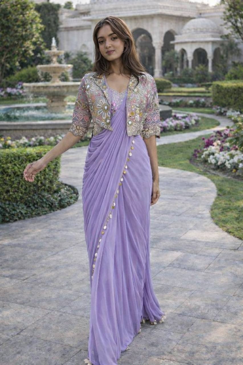 Lavender Crepe Saree with Short Jacket, view 2