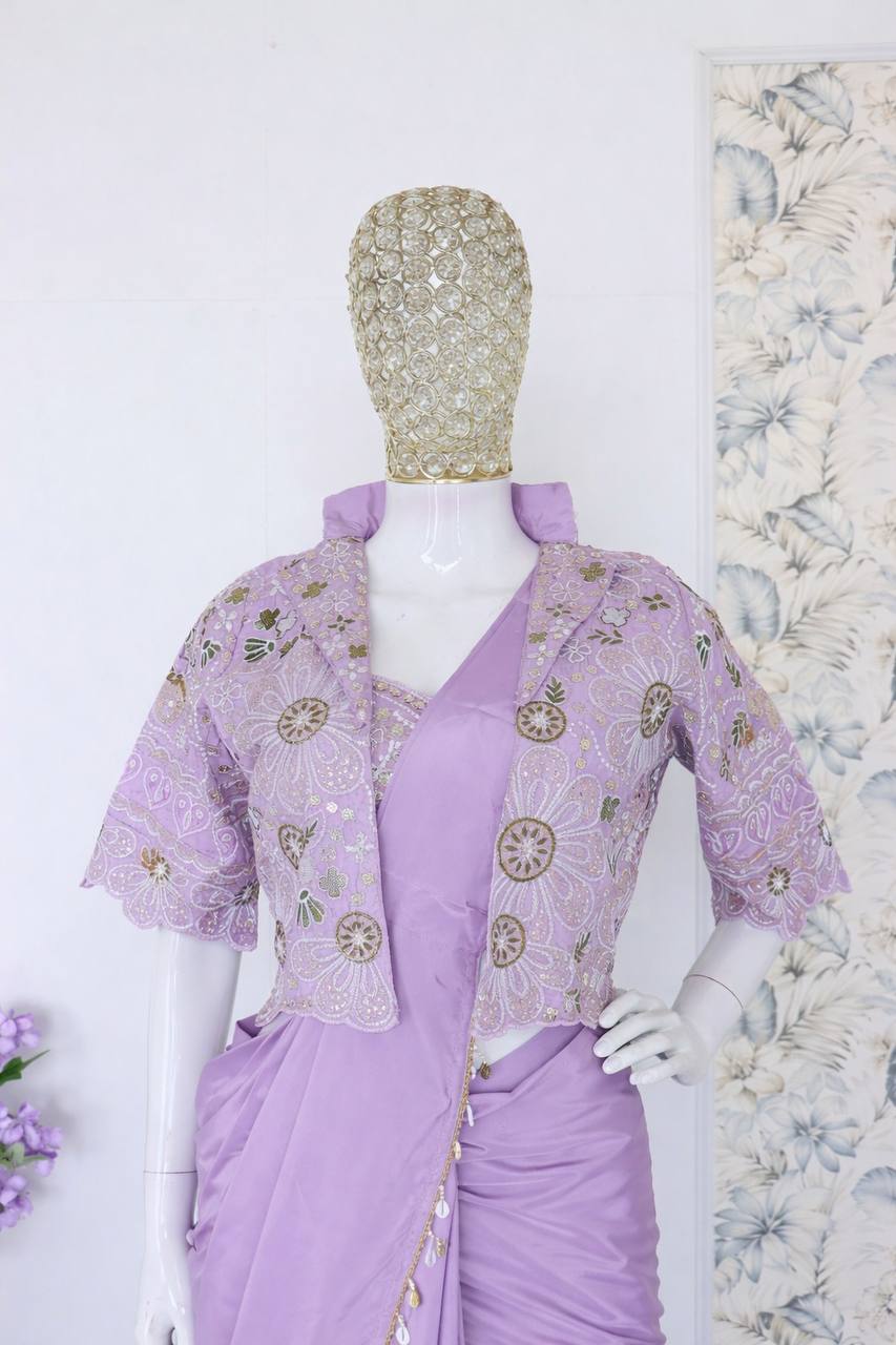 Lavender Crepe Saree with Short Jacket, view 3