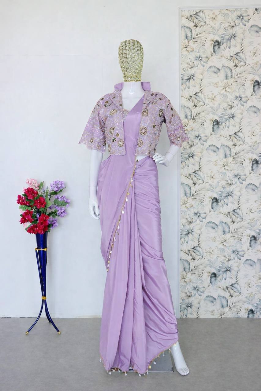Lavender Crepe Saree with Short Jacket, view 4