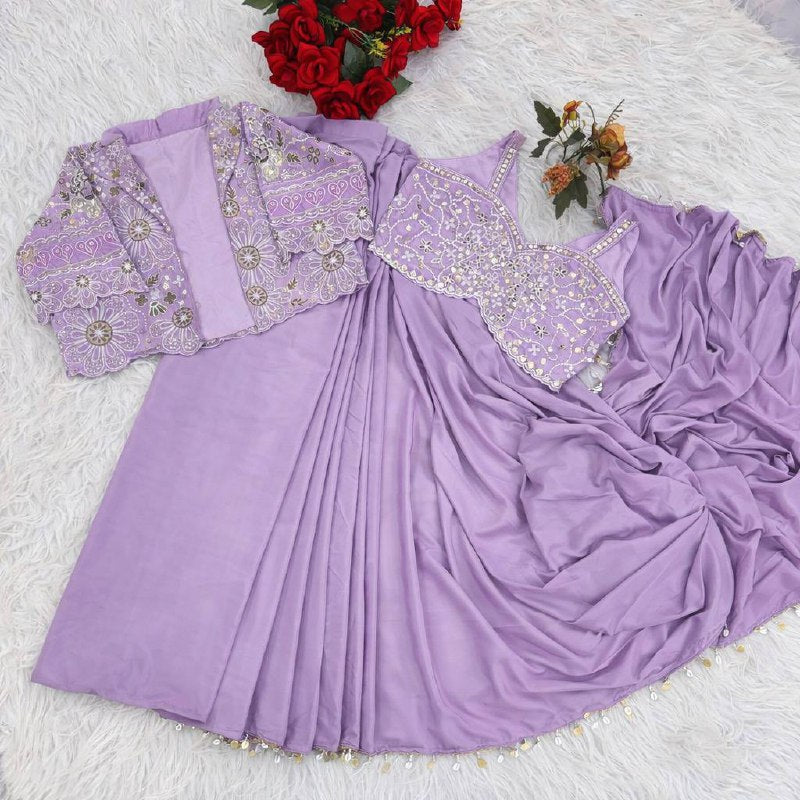 Lavender Crepe Saree with Short Jacket, view 6