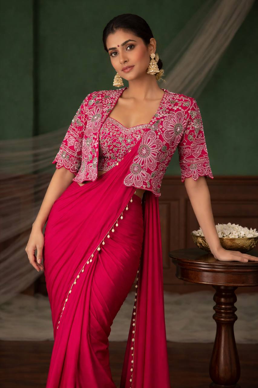 Rani Pink Crepe Saree with Short Jacket