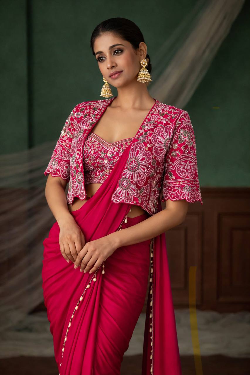 Rani Pink Crepe Saree with Short Jacket