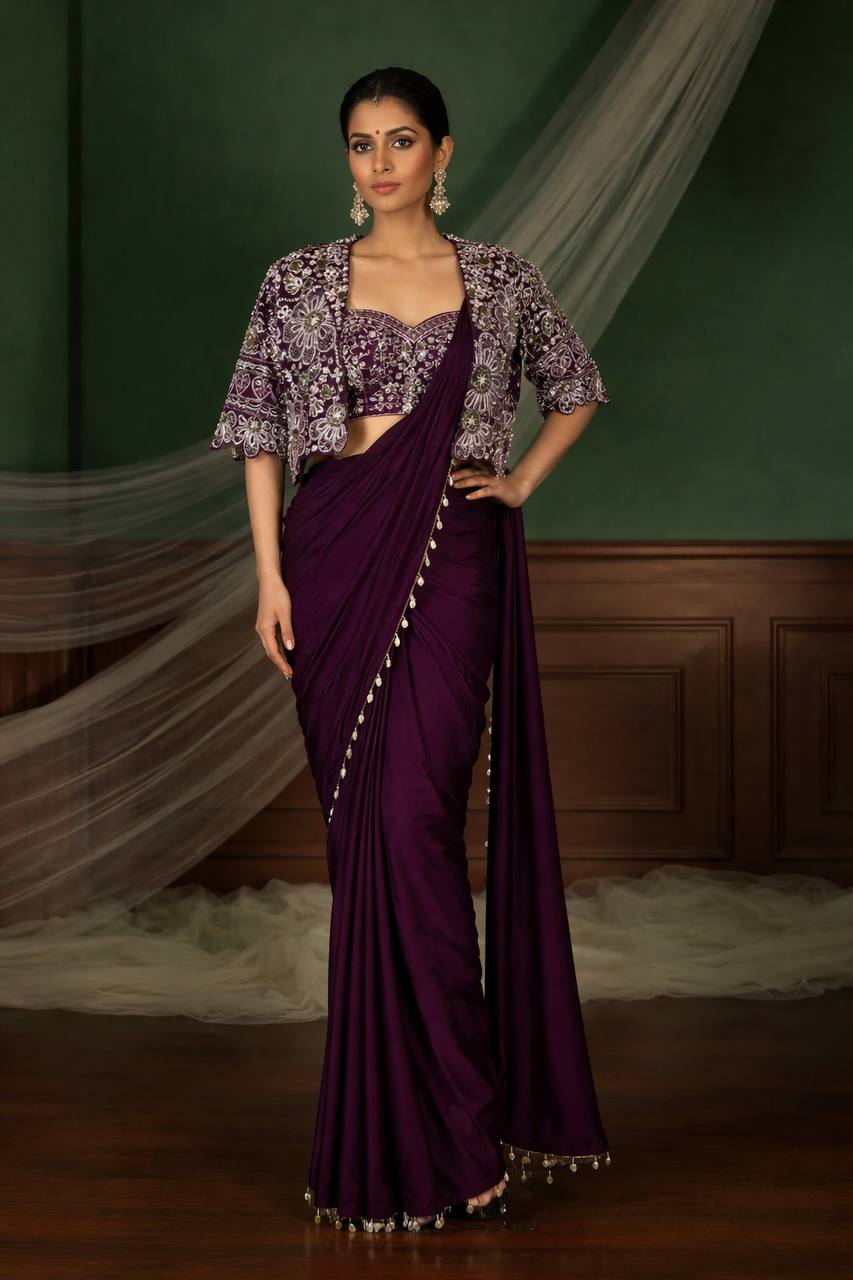 Wine Crepe Saree with Short Jacket