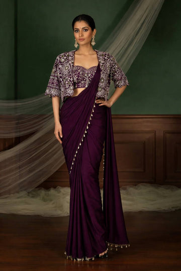 Wine Crepe Saree with Short Jacket