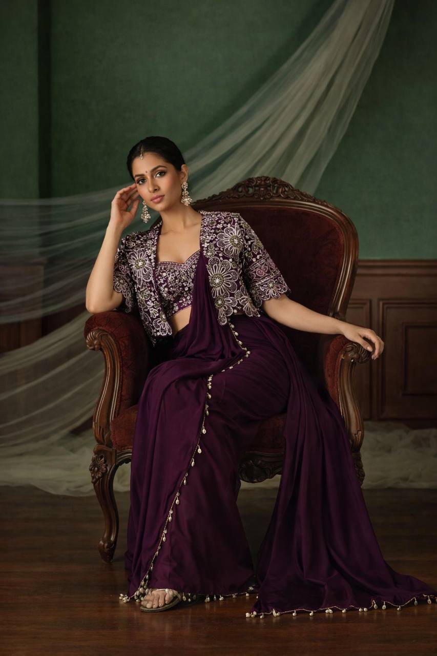 Wine Crepe Saree with Short Jacket