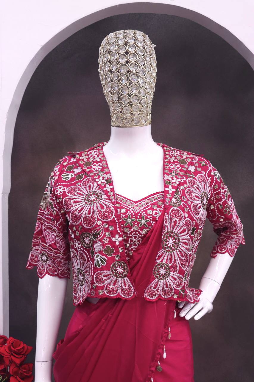 Rani Pink Crepe Saree with Short Jacket, view 3