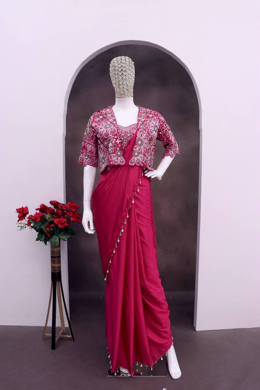 Rani Pink Crepe Saree with Short Jacket, view 4