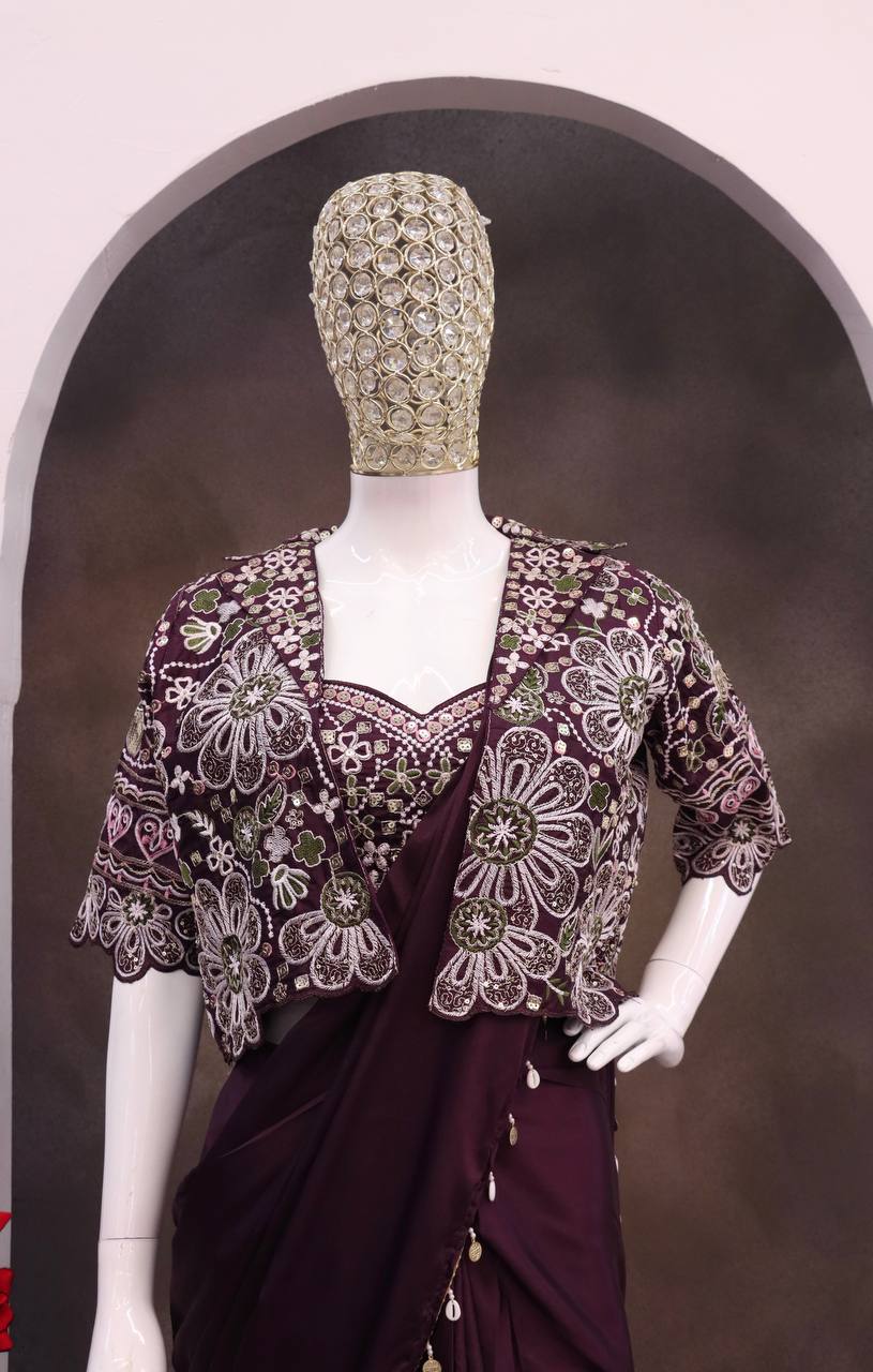 Wine Crepe Saree with Short Jacket, view 3