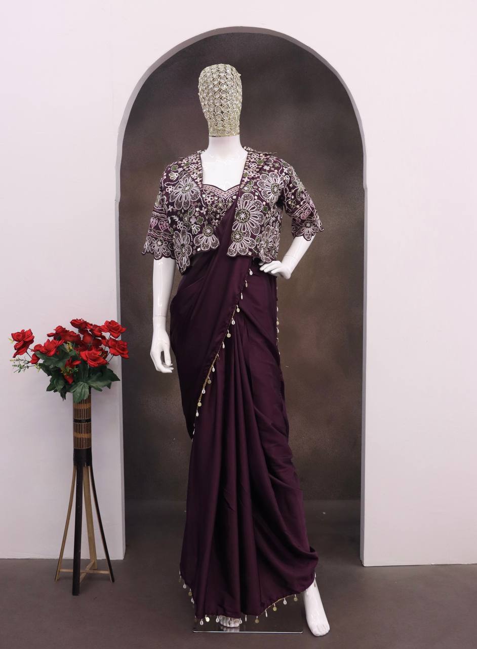 Wine Crepe Saree with Short Jacket, view 4