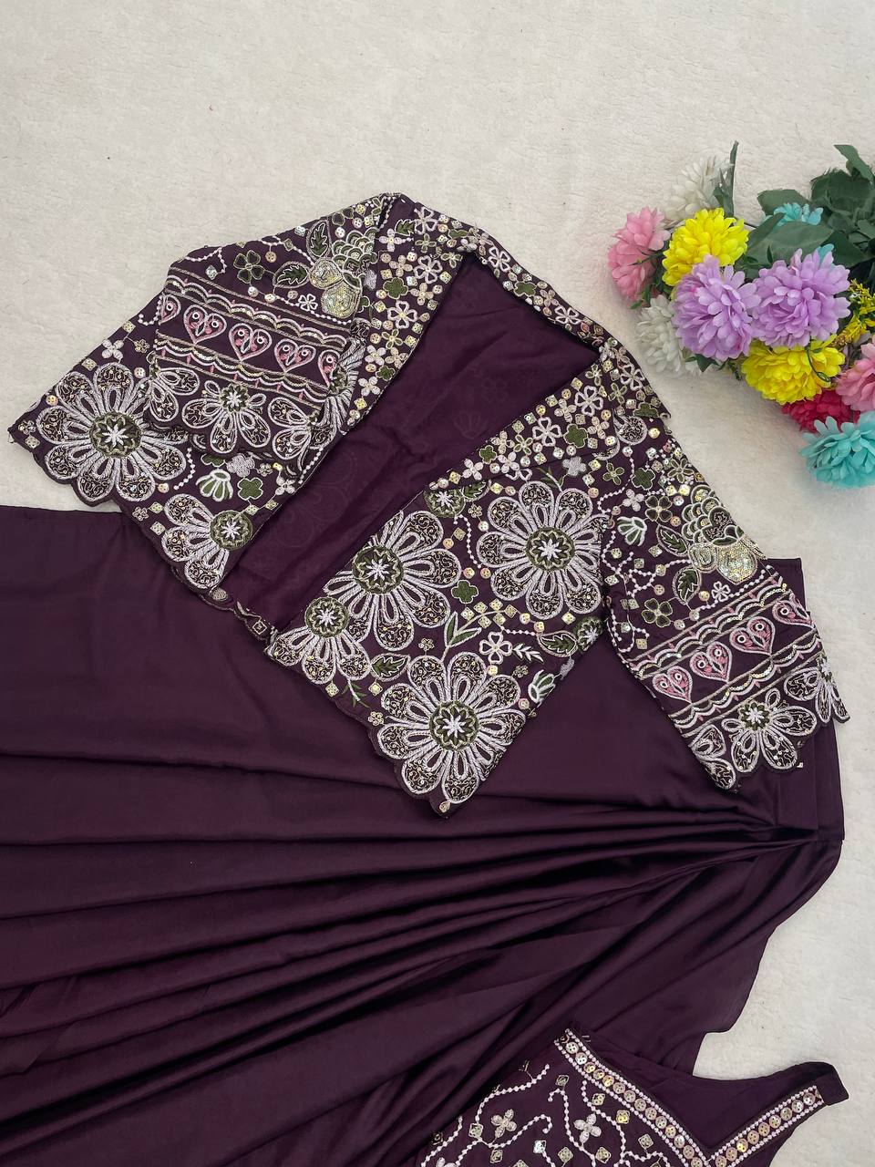 Wine Crepe Saree with Short Jacket, view 5