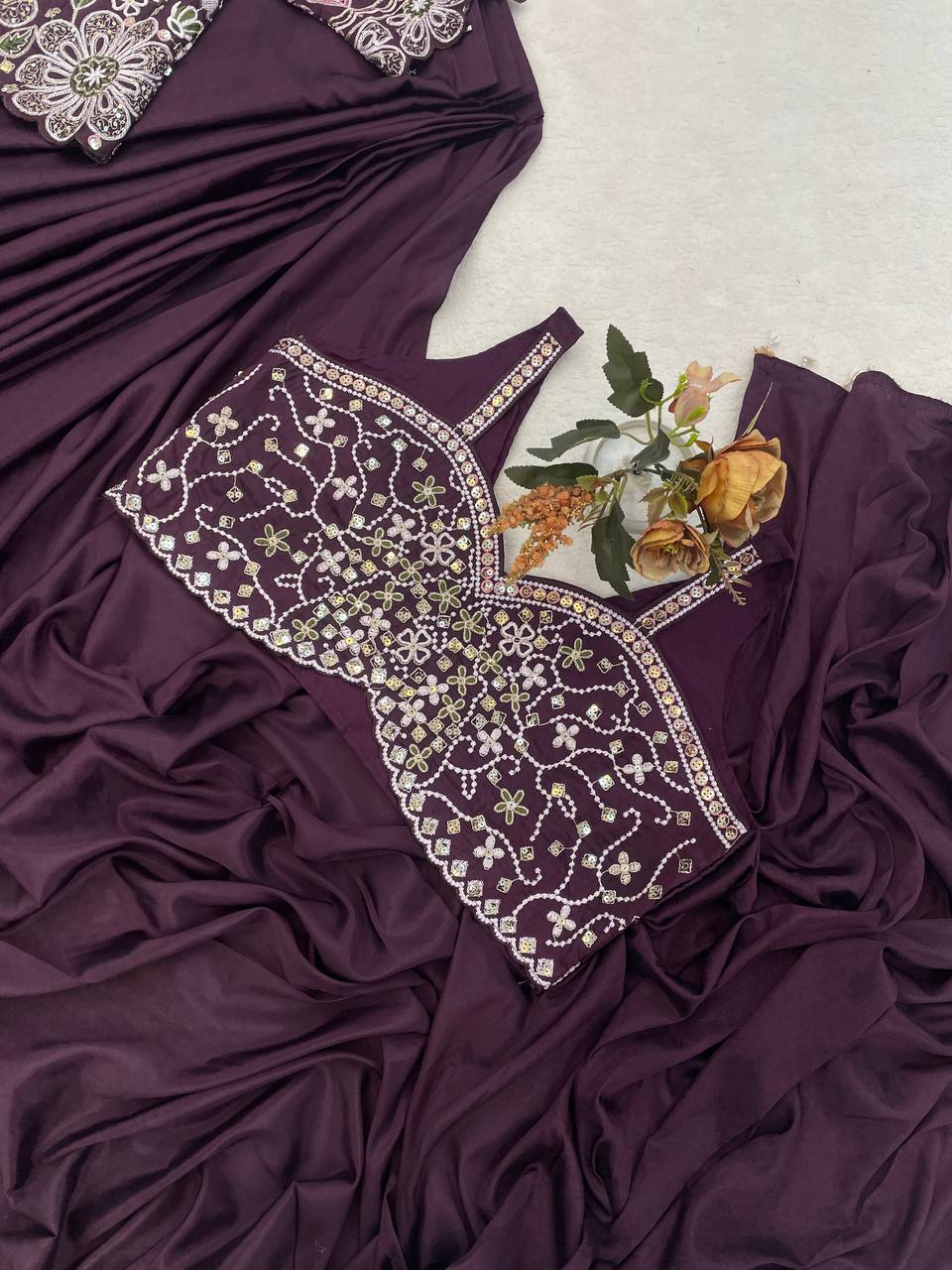 Wine Crepe Saree with Short Jacket, view 6