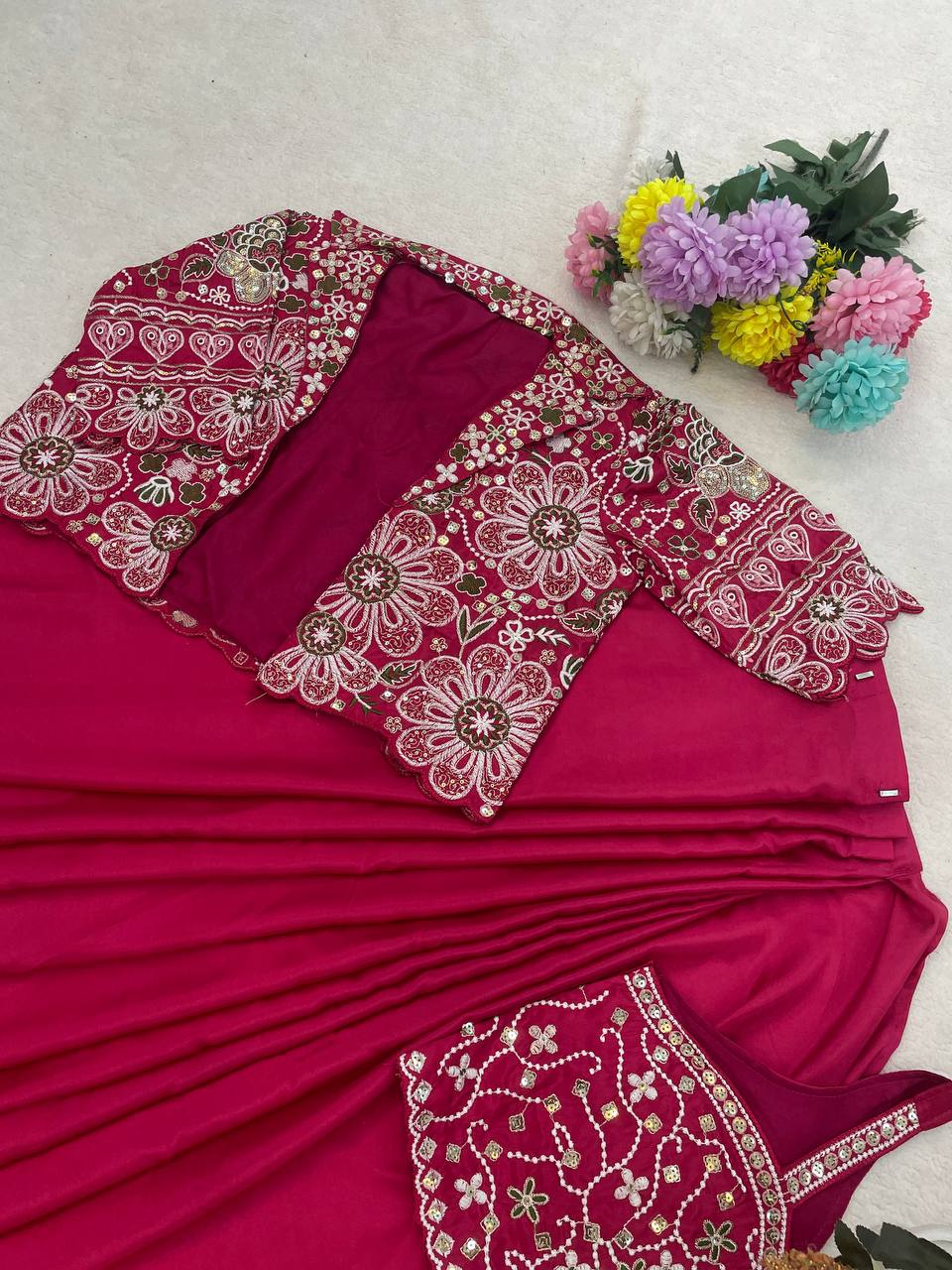 Rani Pink Crepe Saree with Short Jacket, view 5