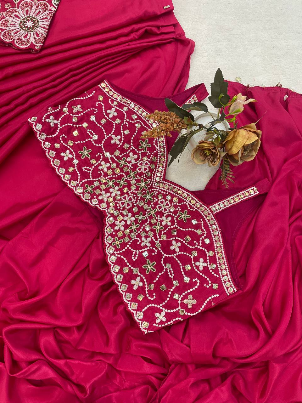 Rani Pink Crepe Saree with Short Jacket, view 6