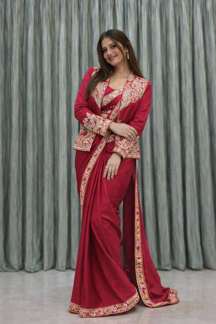 Rani Pink Crepe Saree with Long Jacket