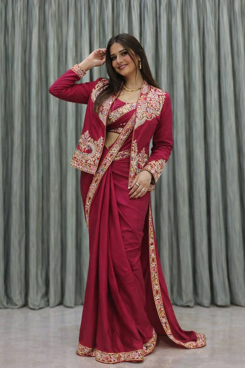 Rani Pink Crepe Saree with Long Jacket, view 2