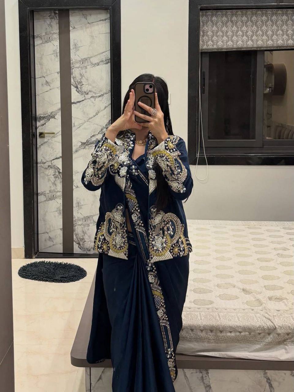 Navy Blue Crepe Saree with Long Jacket, view 3