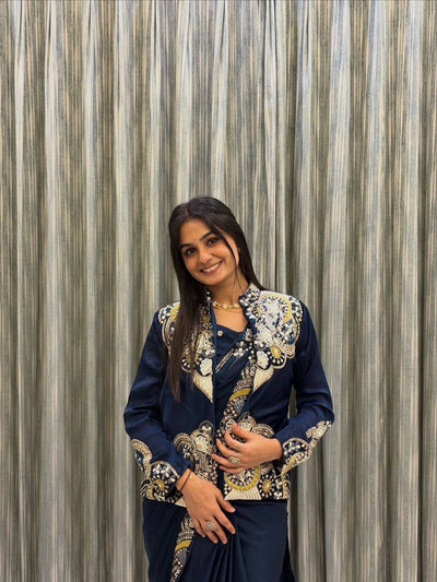 Navy Blue Crepe Saree with Long Jacket