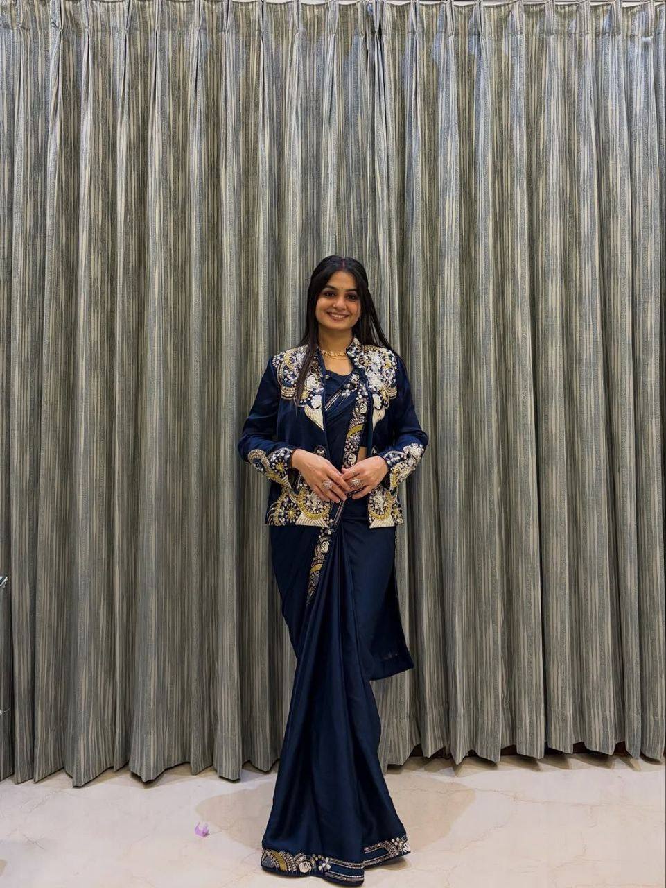 Navy Blue Crepe Saree with Long Jacket, view 2