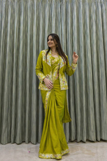 Lime Green Crepe Saree with Long Jacket