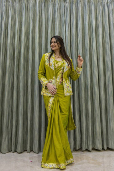 Lime Green Crepe Saree with Long Jacket