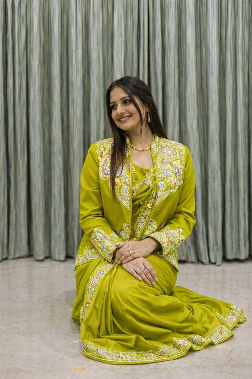 Lime Green Crepe Saree with Long Jacket, view 3