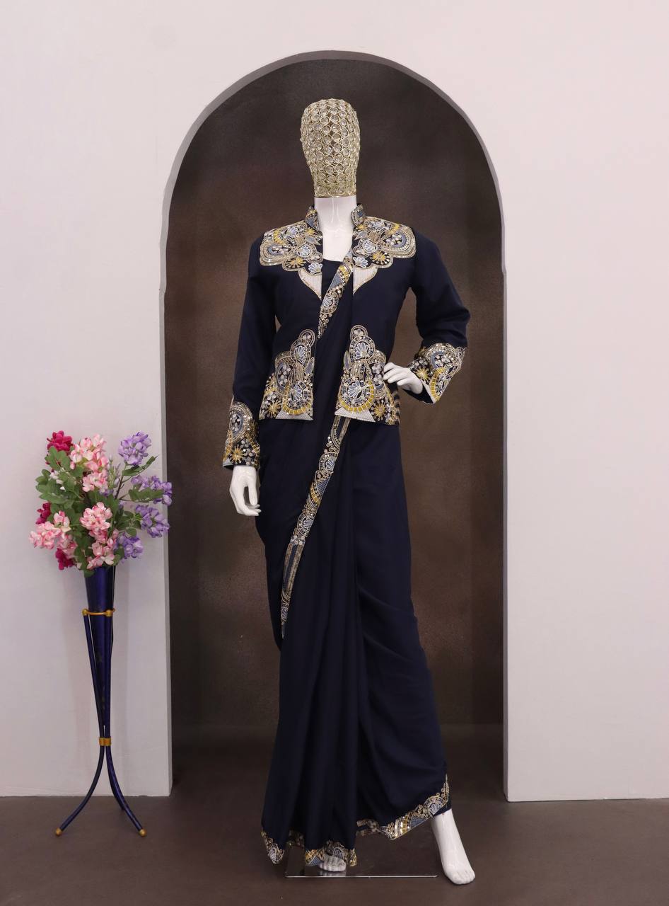 Navy Blue Crepe Saree with Long Jacket, view 5