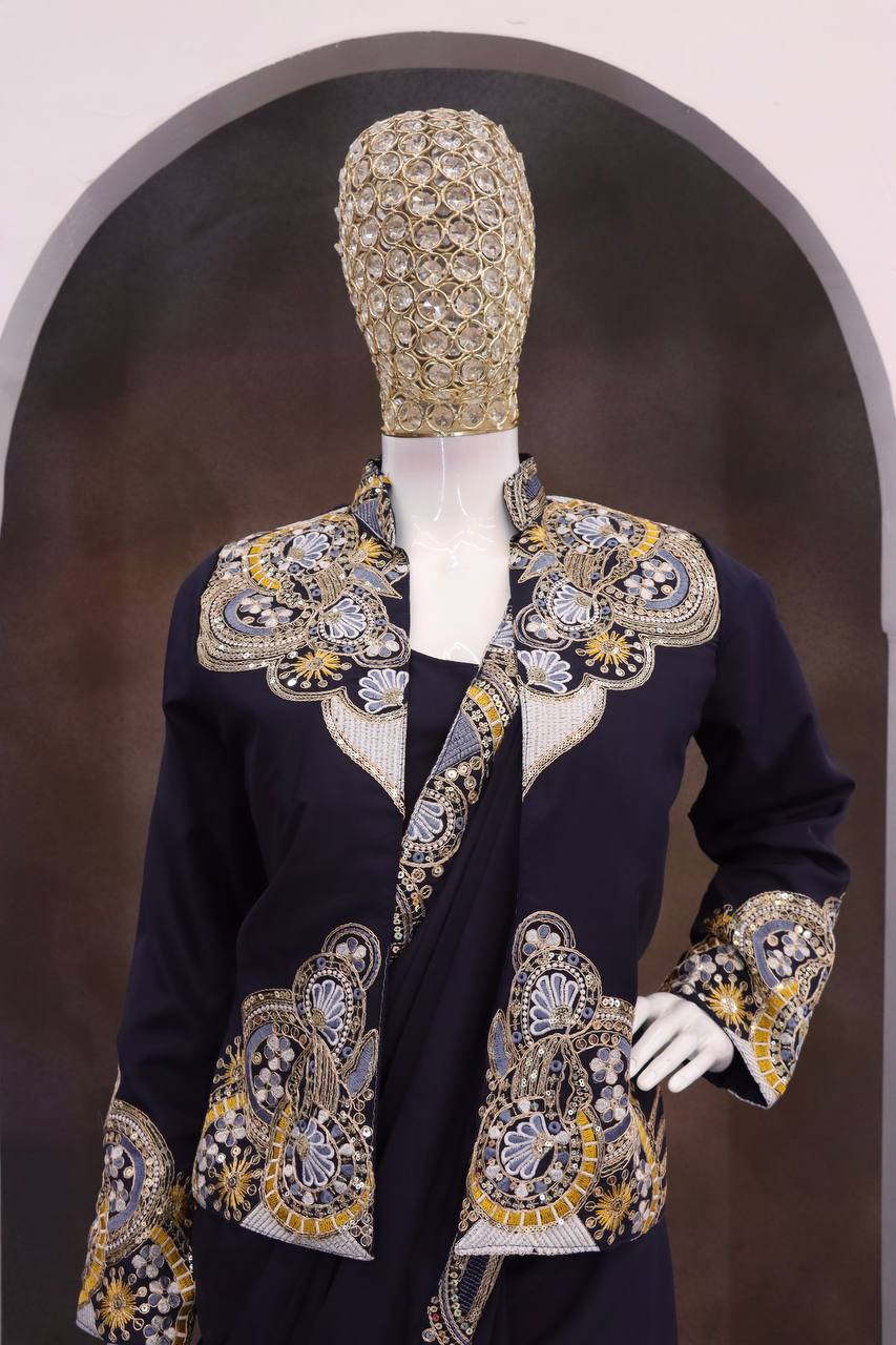 Navy Blue Crepe Saree with Long Jacket, view 4