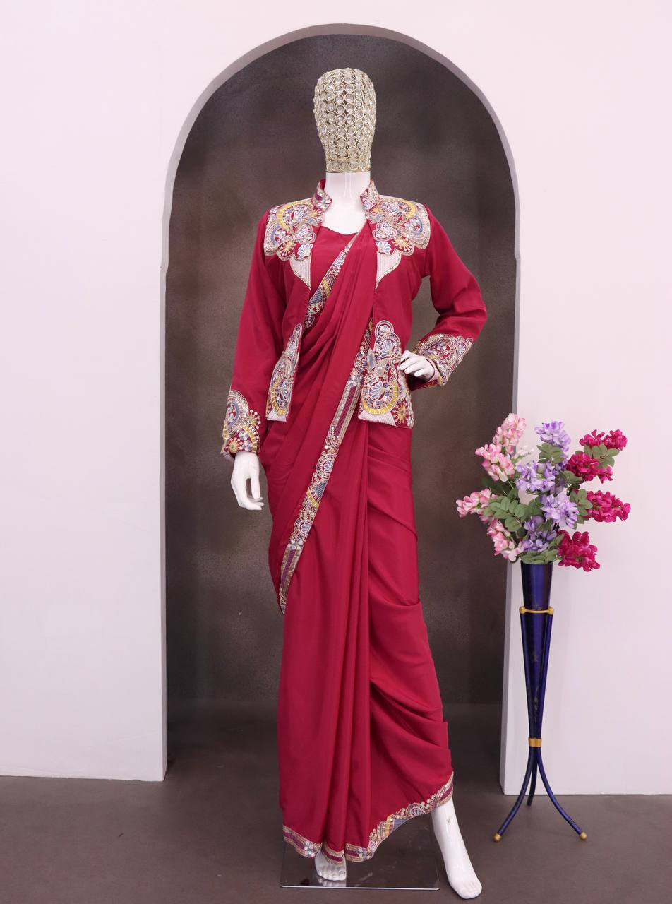 Rani Pink Crepe Saree with Long Jacket, view 4