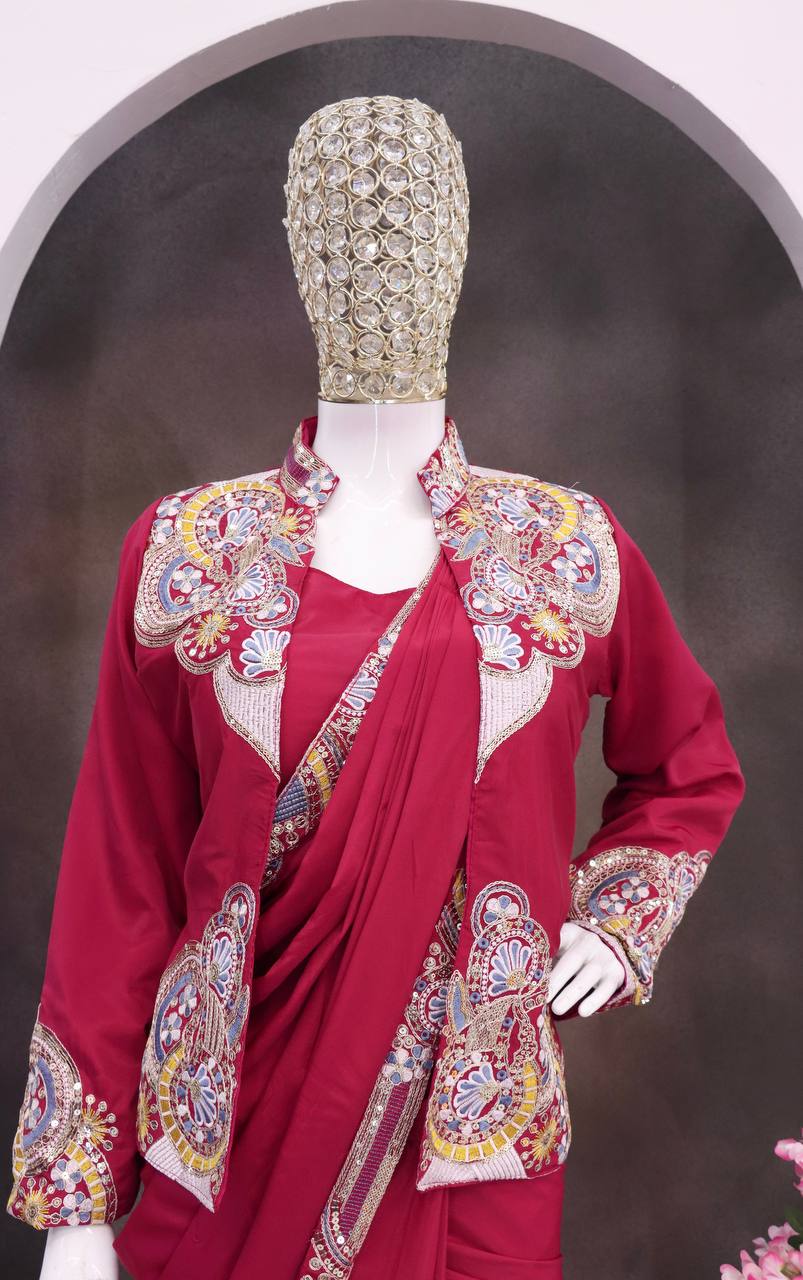 Rani Pink Crepe Saree with Long Jacket, view 5