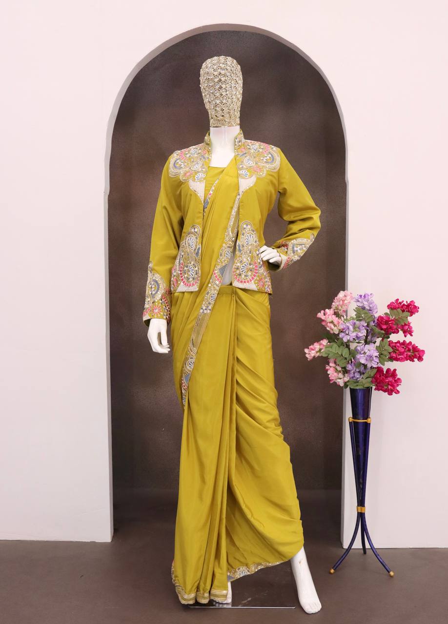Lime Green Crepe Saree with Long Jacket, view 4