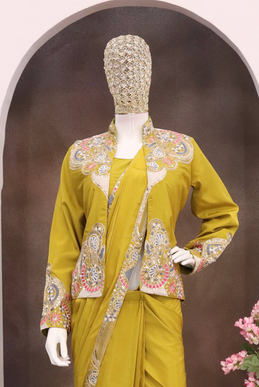 Lime Green Crepe Saree with Long Jacket, view 5