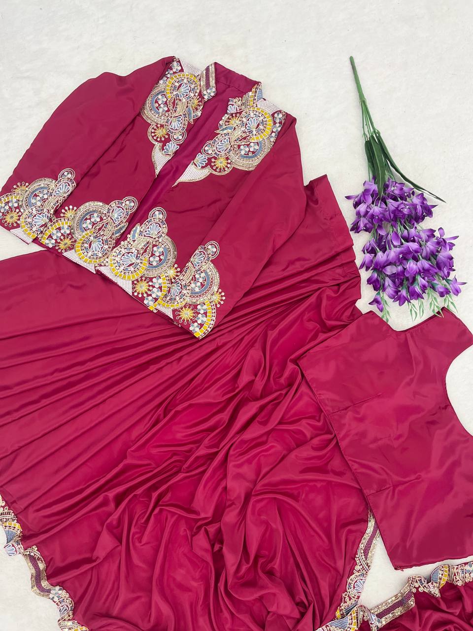 Rani Pink Crepe Saree with Long Jacket, view 6