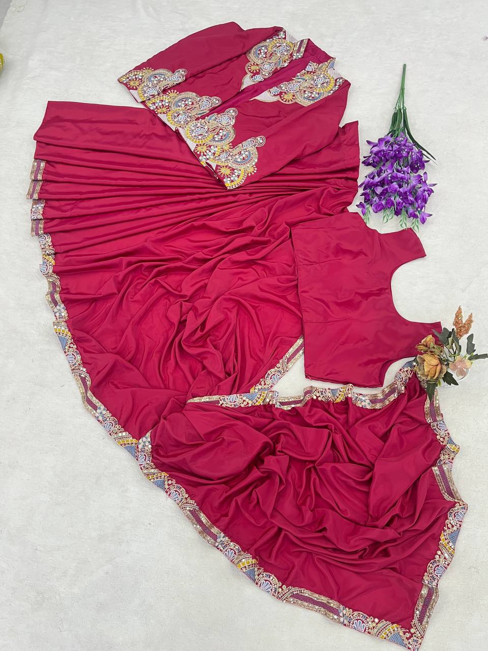 Rani Pink Crepe Saree with Long Jacket, view 7