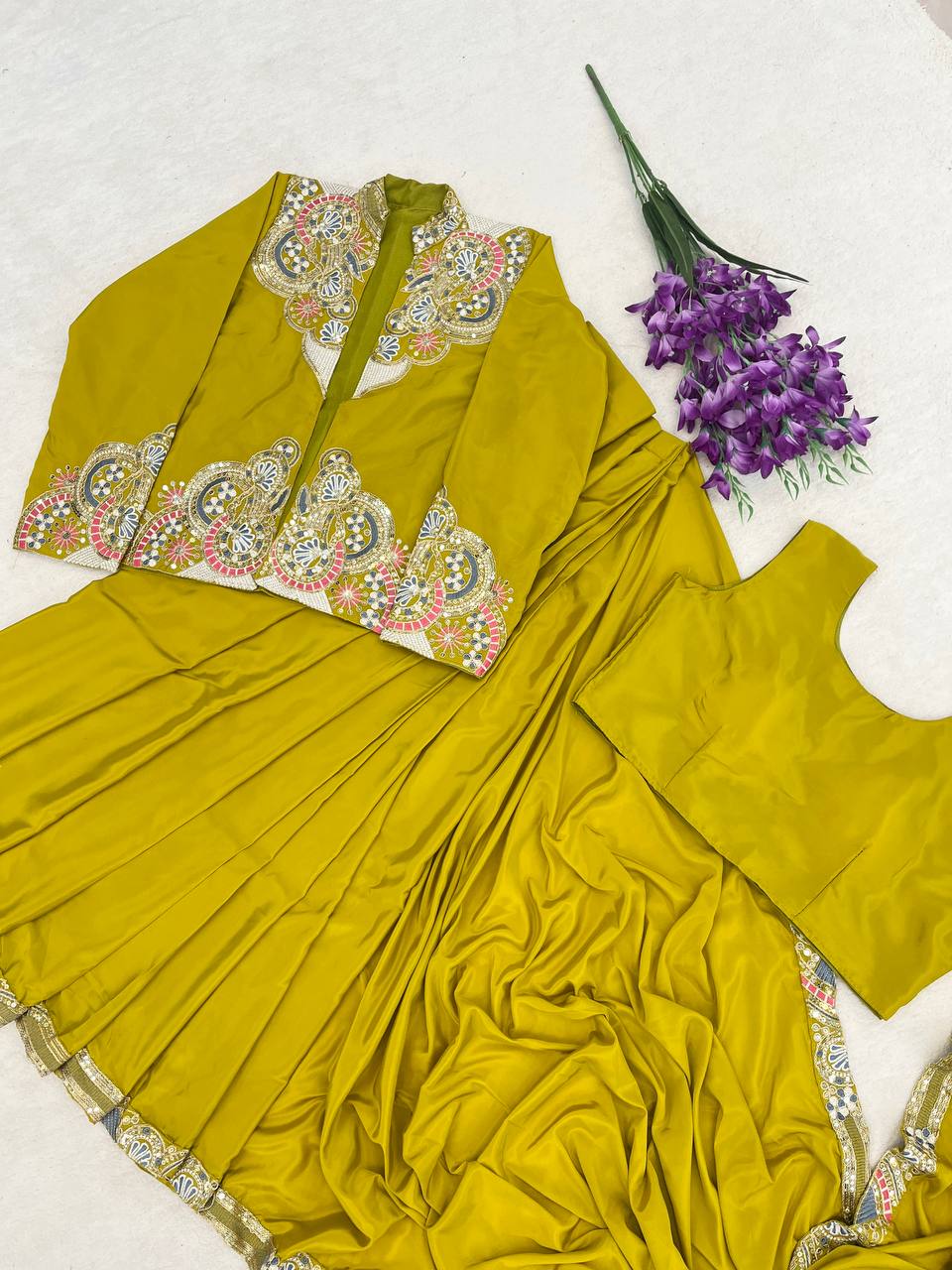 Lime Green Crepe Saree with Long Jacket, view 6