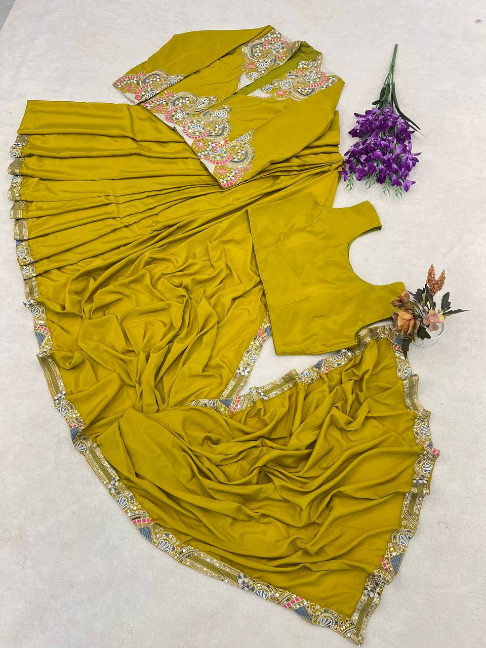 Lime Green Crepe Saree with Long Jacket, view 7