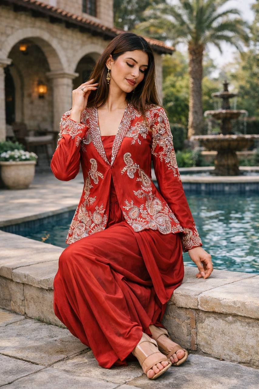 Red Rangoli Silk Dhoti Set with Blazer Koti, view 2