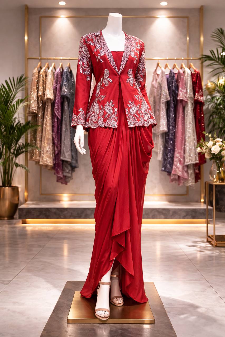 Red Rangoli Silk Dhoti Set with Blazer Koti, view 5