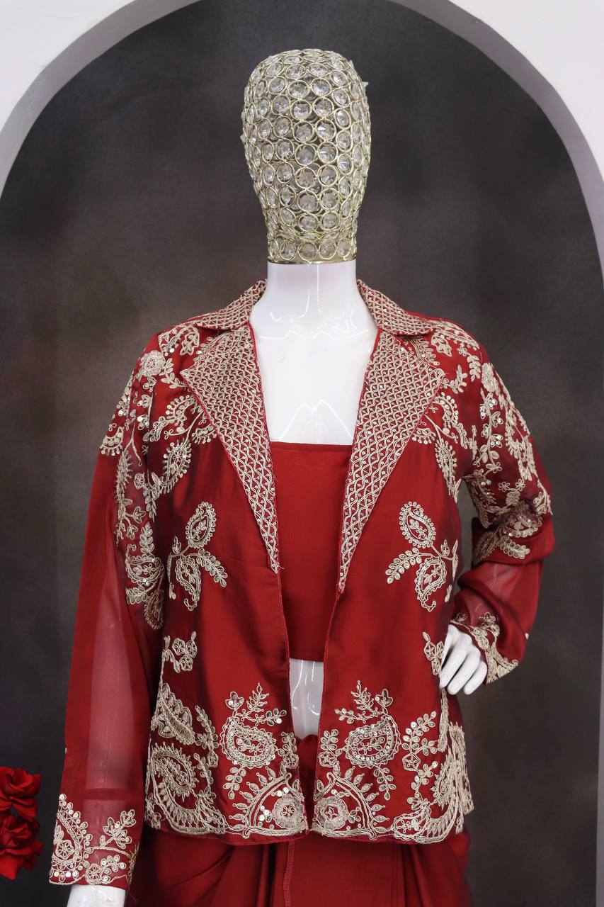 Red Rangoli Silk Dhoti Set with Blazer Koti, view 6