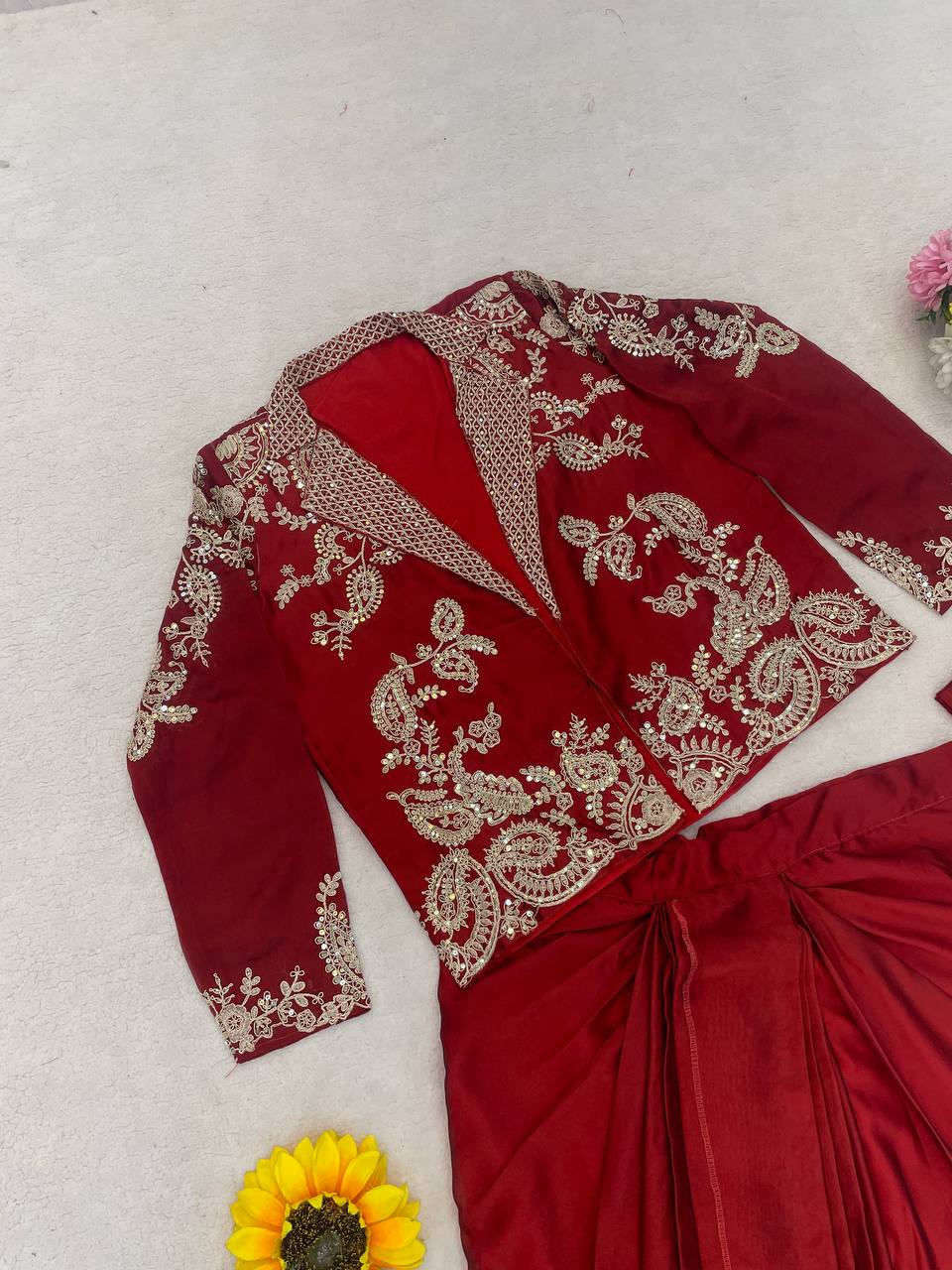 Red Rangoli Silk Dhoti Set with Blazer Koti, view 8