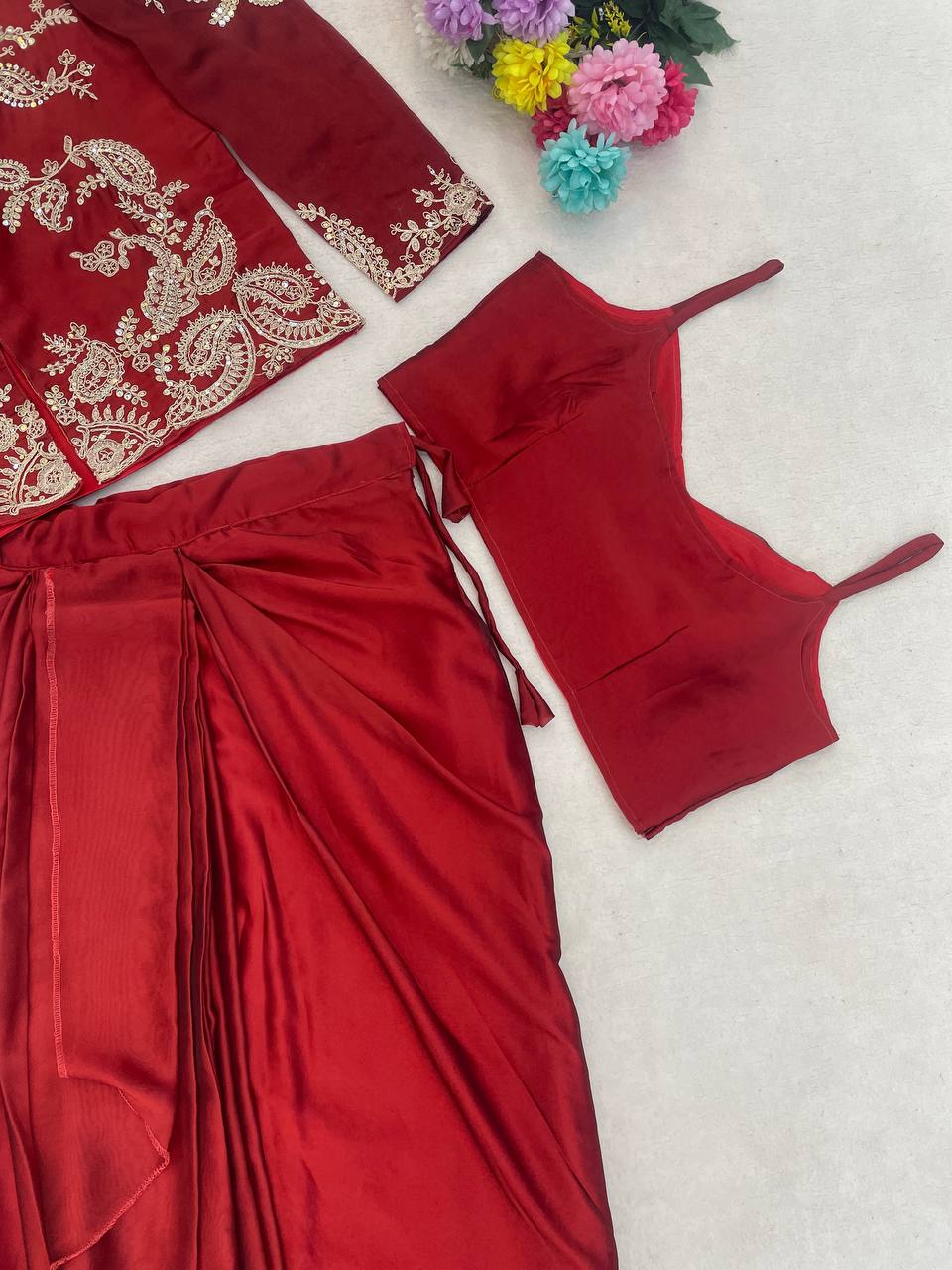 Red Rangoli Silk Dhoti Set with Blazer Koti, view 9