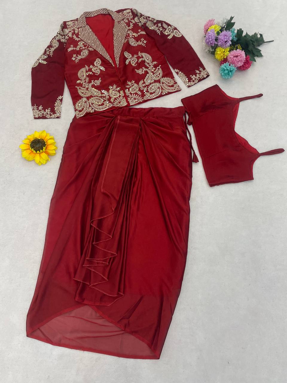 Red Rangoli Silk Dhoti Set with Blazer Koti, view 7