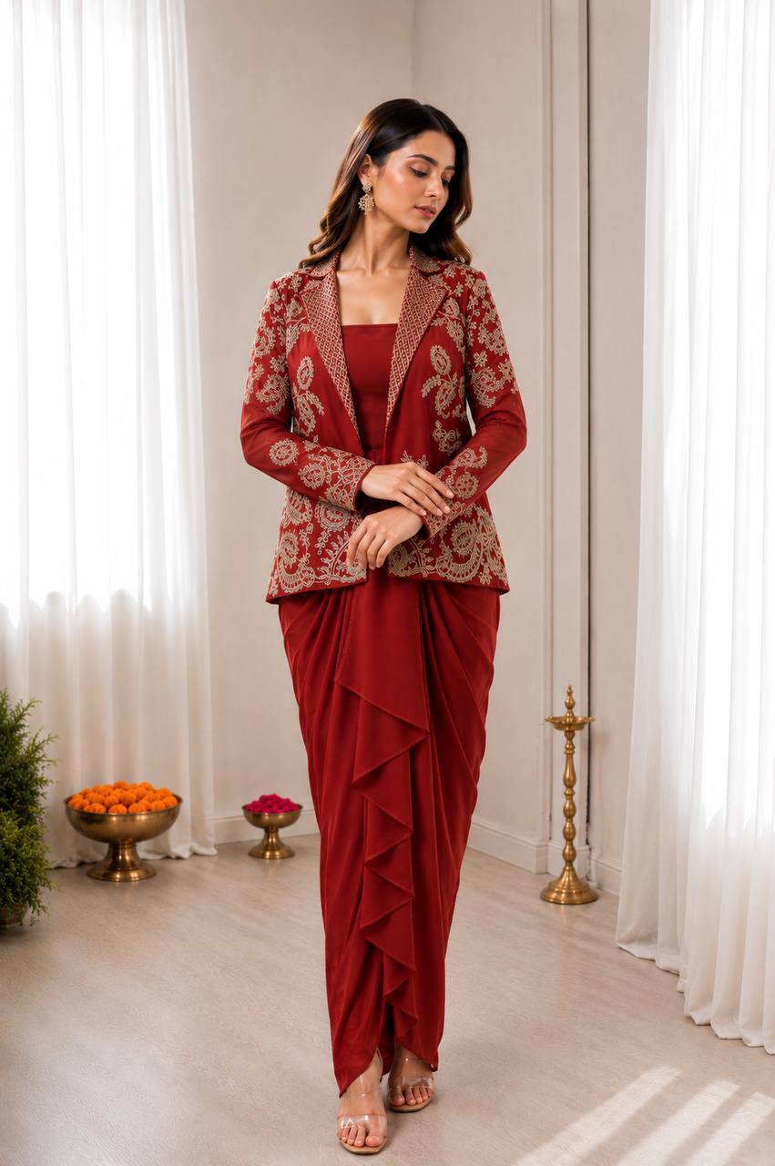 Red Rangoli Silk Dhoti Set with Blazer Koti, view 3