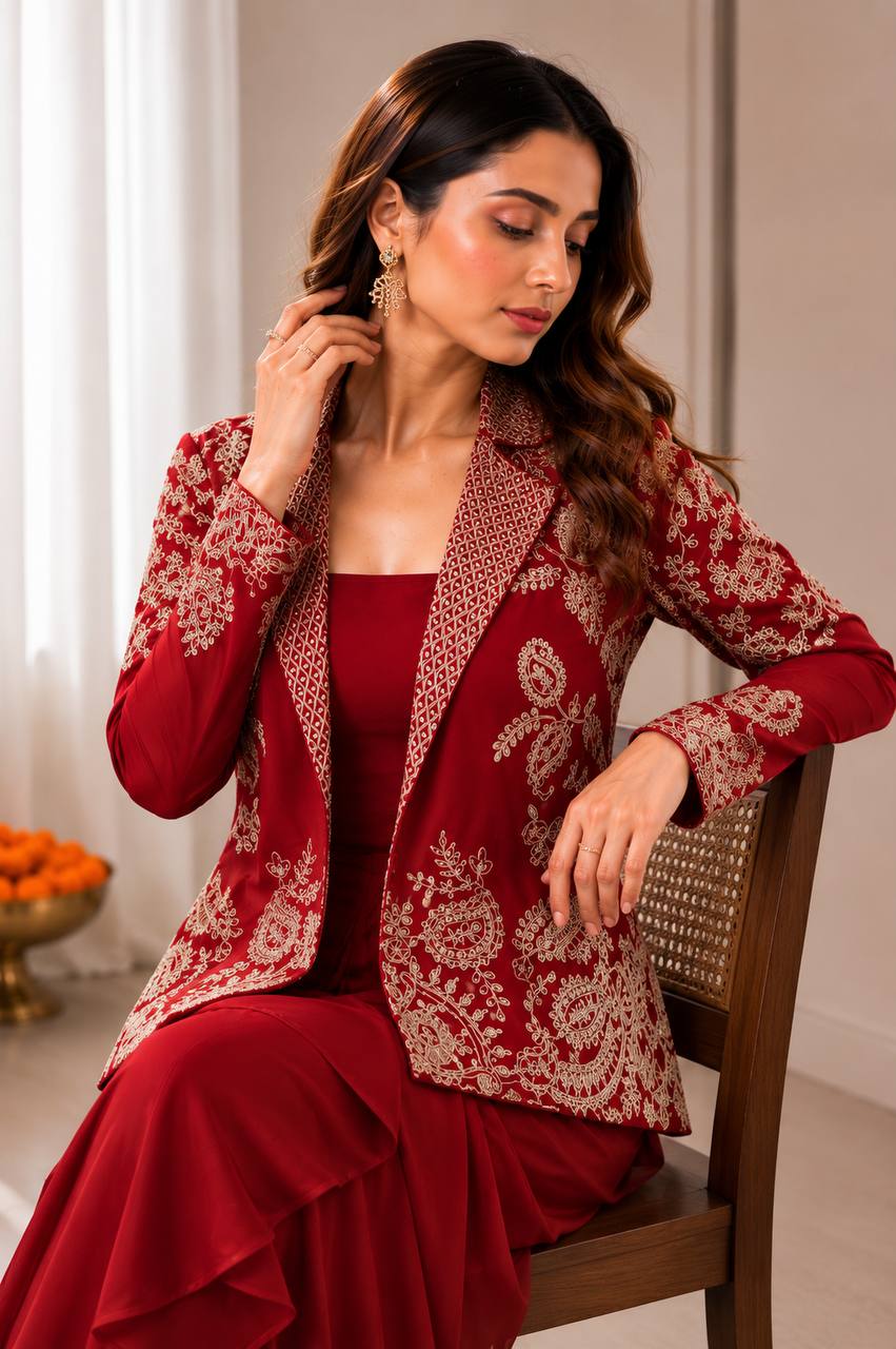 Red Rangoli Silk Dhoti Set with Blazer Koti, view 4