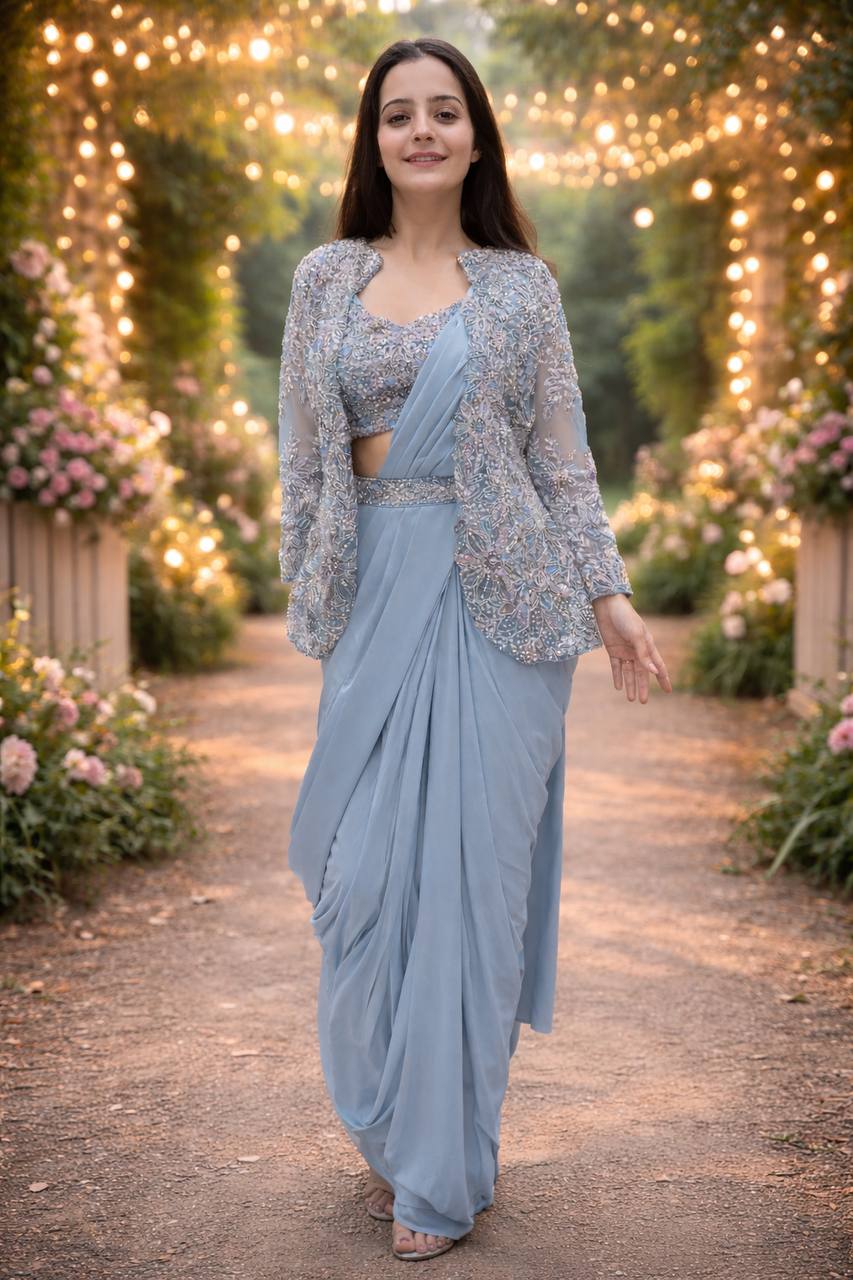 Powder Blue Crepe Saree with Jacket and Belt