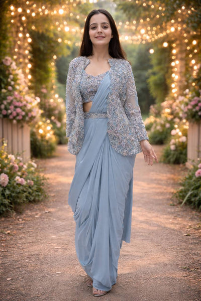 Powder Blue Crepe Saree with Jacket and Belt