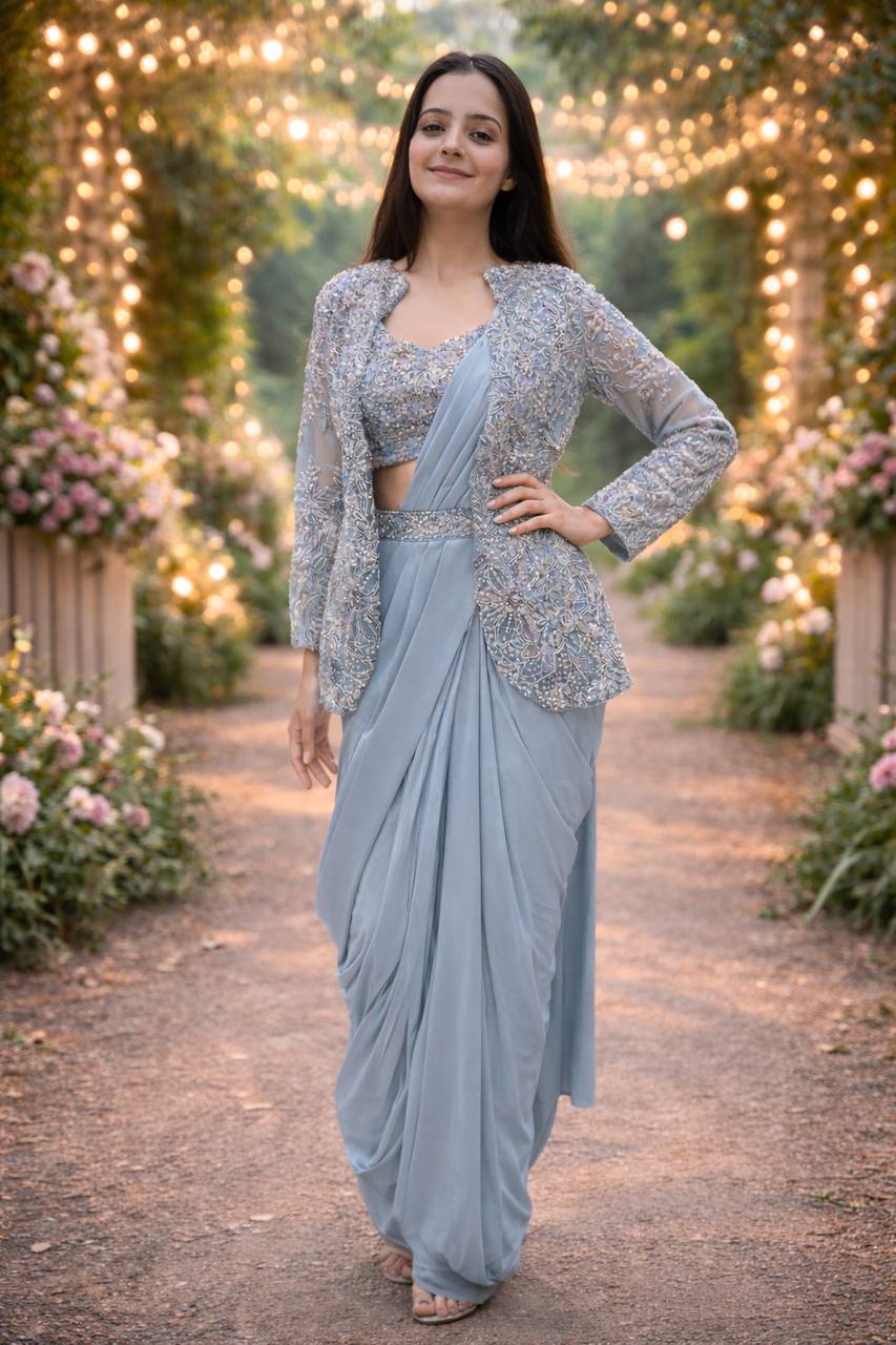 Powder Blue Crepe Saree with Jacket and Belt, view 2