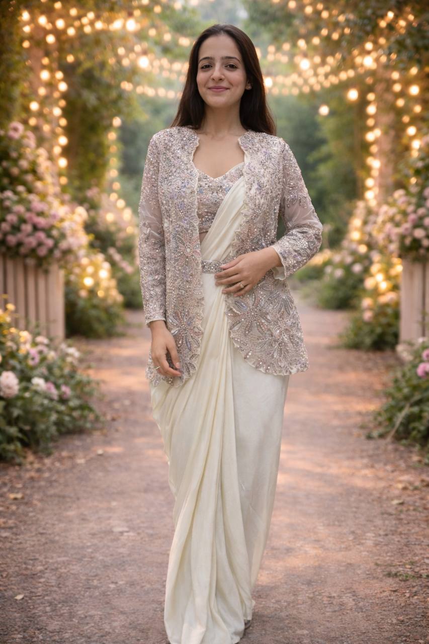 Cream Crepe Saree with Jacket and Belt